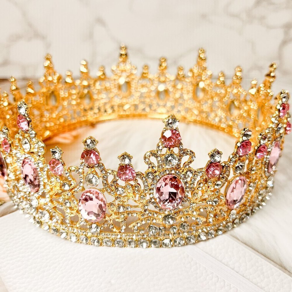 Royal Princess Pink Rhinestone Crown for Women, Bridal Wedding, Birthday Party